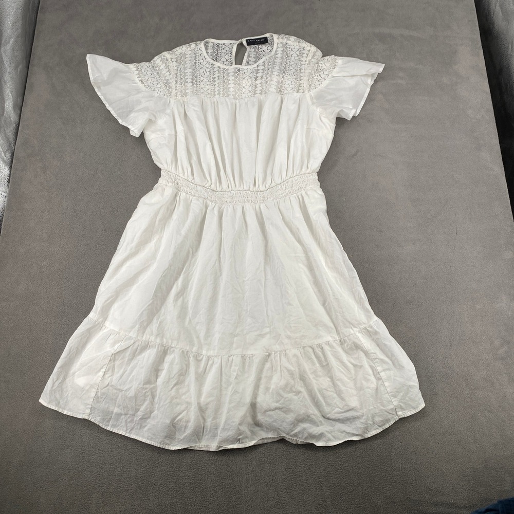Lane Bryant White Cotton Lace Yoke Smocked Waist Flutterβ Sleeve Dress Size 16